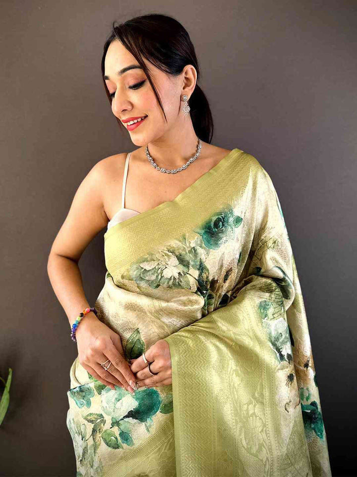 Pastel Green Floral Soft Silk Saree with Subtle Zari Border