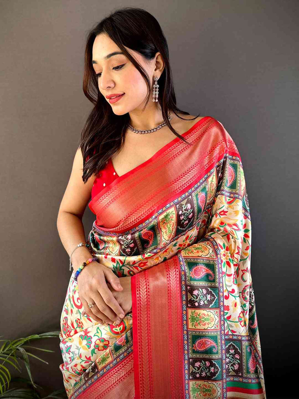 Cream Multicolor Patola Soft Silk Saree with Red Zari Border & Traditional Motif Pallu