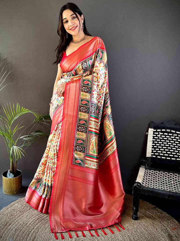 Cream Multicolor Patola Soft Silk Saree with Red Zari Border & Traditional Motif Pallu