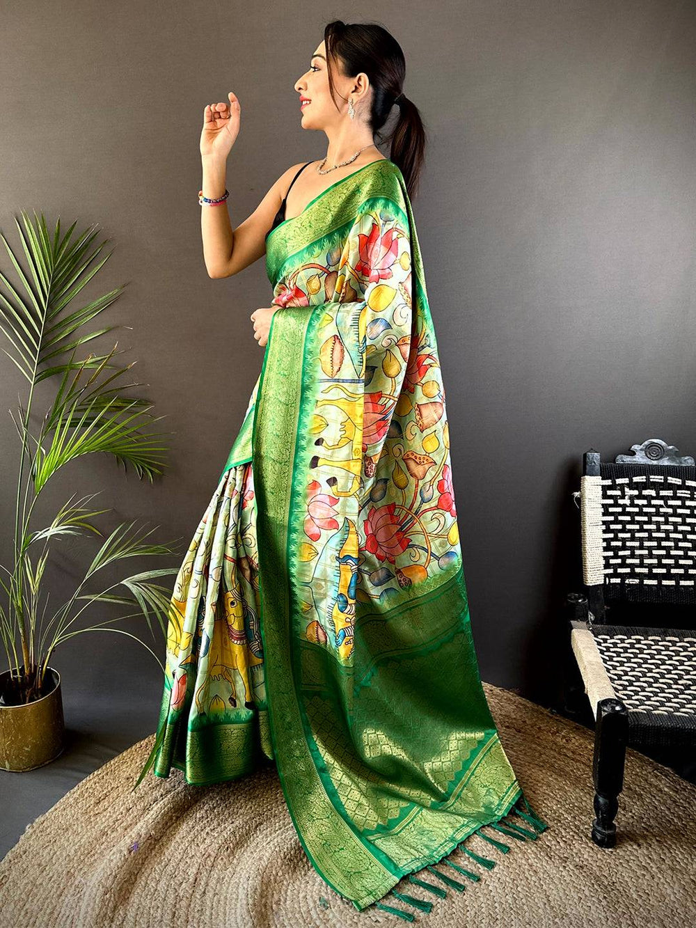 Green Kalamkari Print Soft Silk Saree with Rich Zari Border