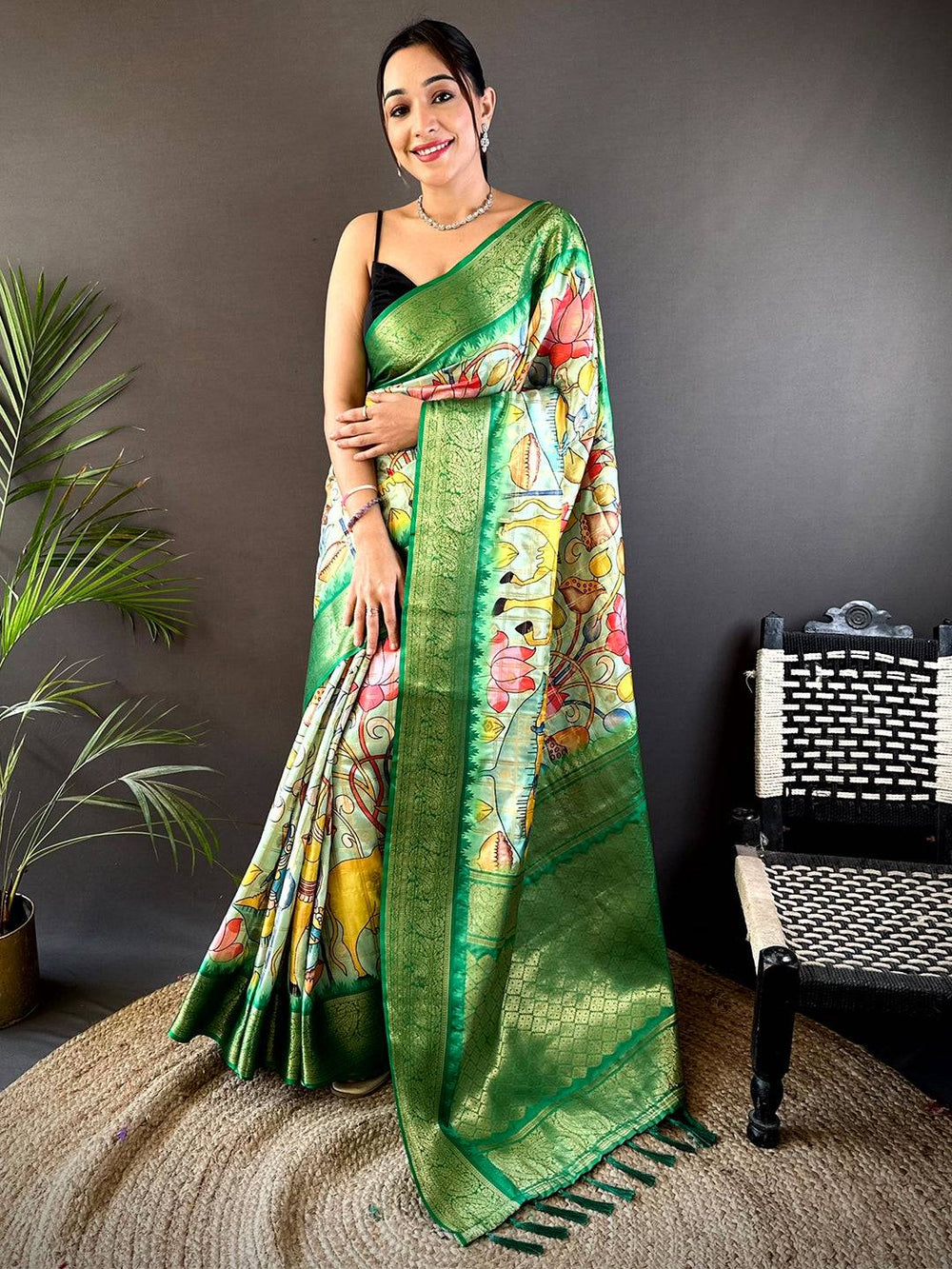 Green Kalamkari Print Soft Silk Saree with Rich Zari Border