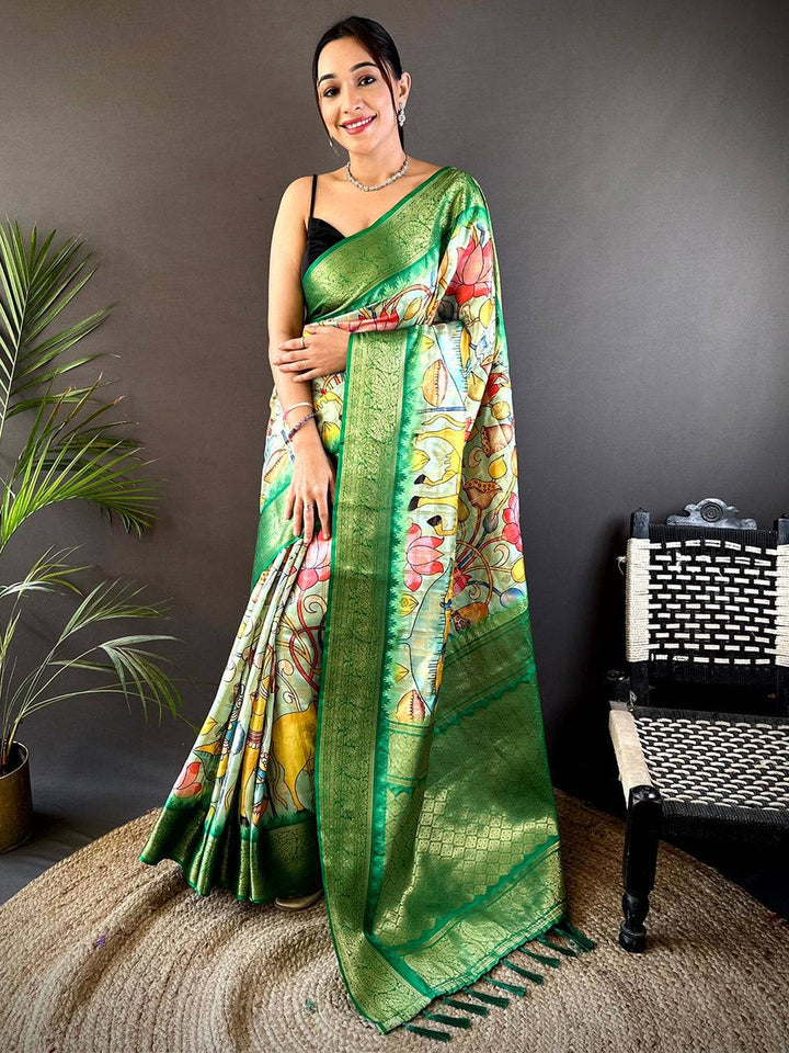 Green Kalamkari Print Soft Silk Saree with Rich Zari Border