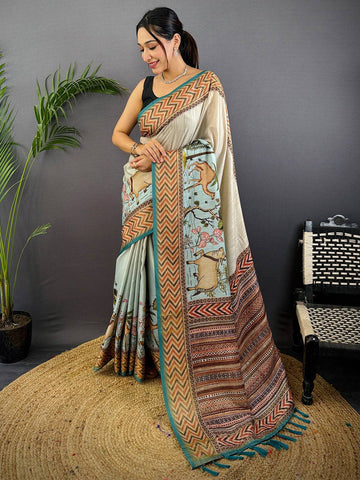 Mint Green Soft Silk Saree with Bird & Floral Digital Print, Contrast Maroon Border & Tassel Pallu