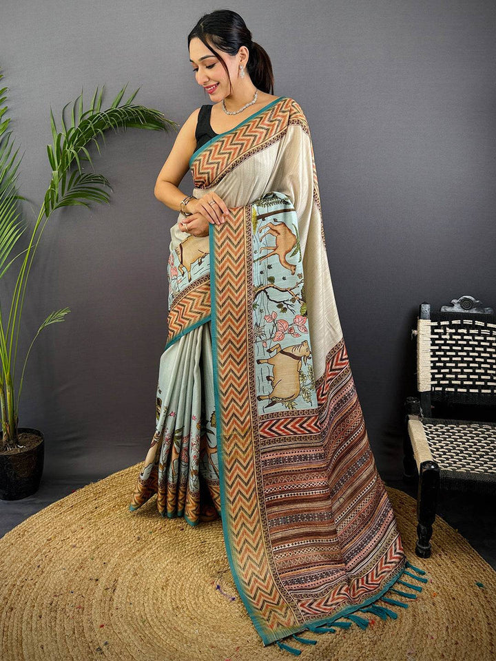 Mint Green Soft Silk Saree with Bird & Floral Digital Print, Contrast Maroon Border & Tassel Pallu