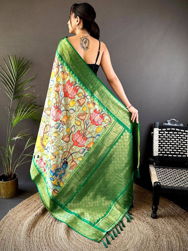 Green Kalamkari Print Soft Silk Saree with Rich Zari Border