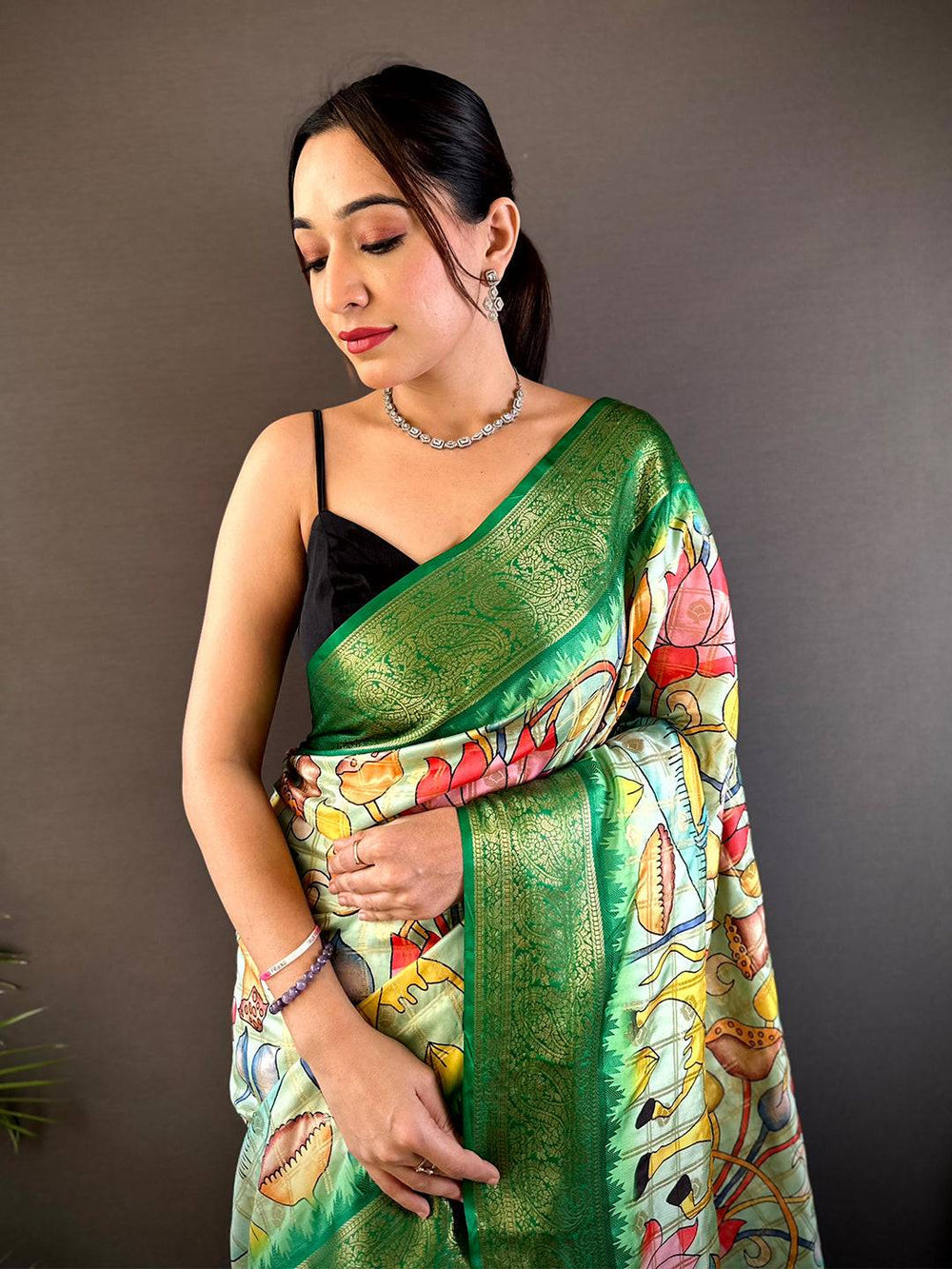 Green Kalamkari Print Soft Silk Saree with Rich Zari Border