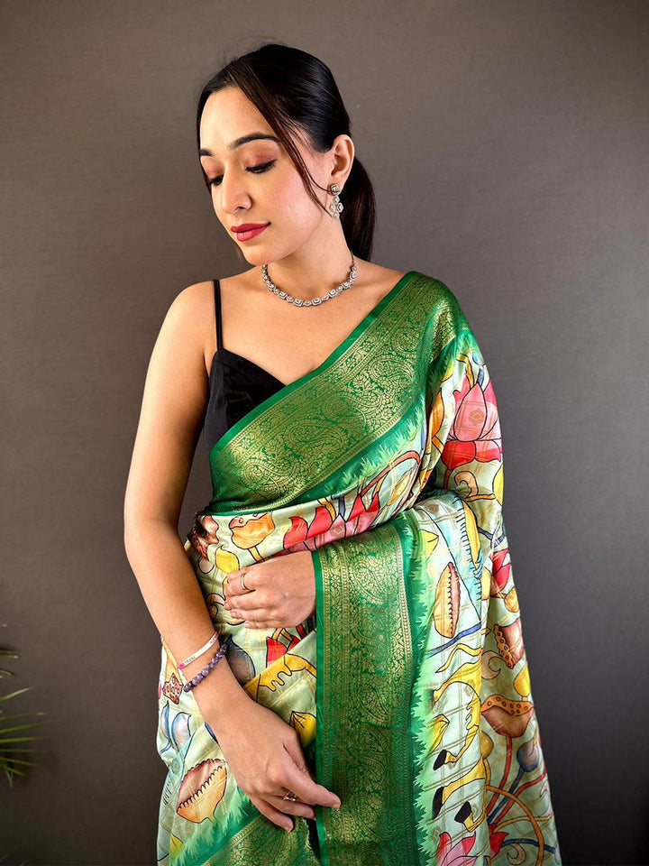 Green Kalamkari Print Soft Silk Saree with Rich Zari Border