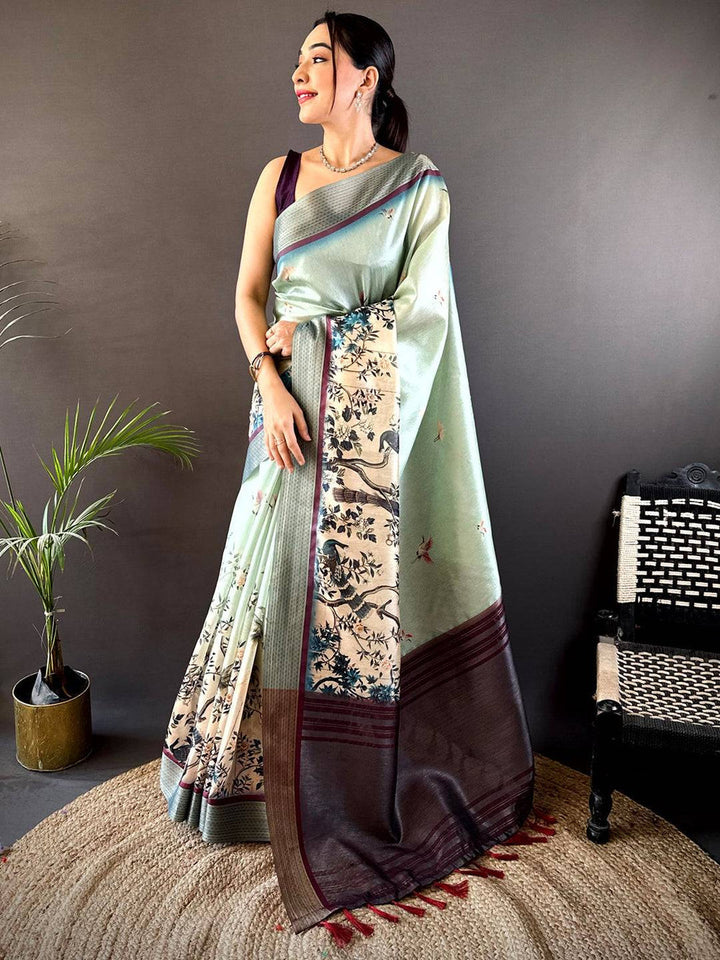 Mint Green Soft Silk Saree with Bird & Floral Digital Print, Contrast Maroon Border & Tassel Pallu