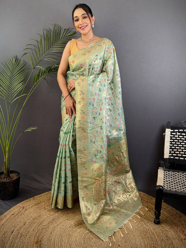 Pastel Green Banarasi Soft Silk Saree with Gold Zari Weaving