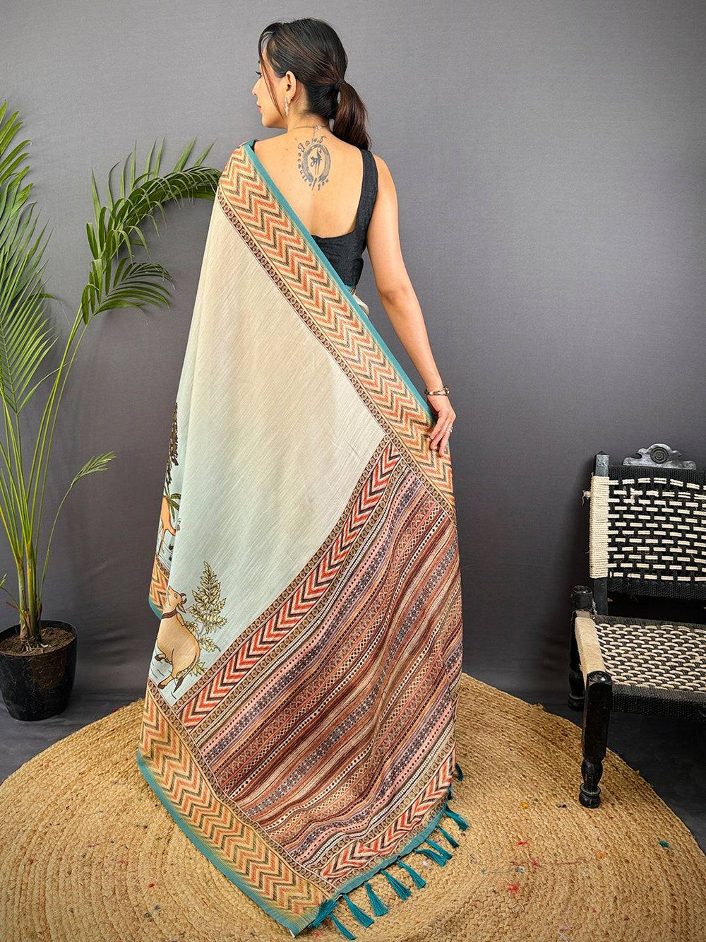 Mint Green Soft Silk Saree with Bird & Floral Digital Print, Contrast Maroon Border & Tassel Pallu