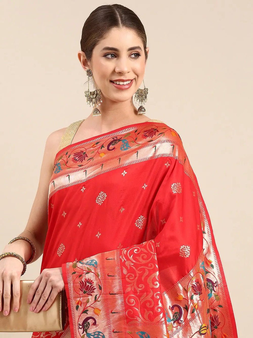 Red Kanjivaram Silk Saree with Peacock Meenakari Weaving & Gold Zari Border