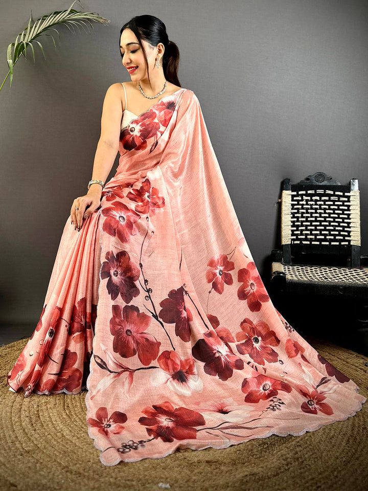 Peach Floral Printed Soft Silk Saree with Watercolor Flowers & Elegant Lightweight Drape