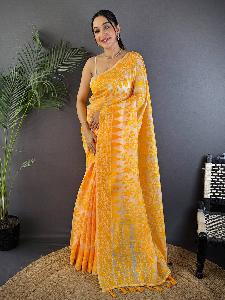 Yellow Floral Jacquard Soft Silk Saree with Elegant Woven Border