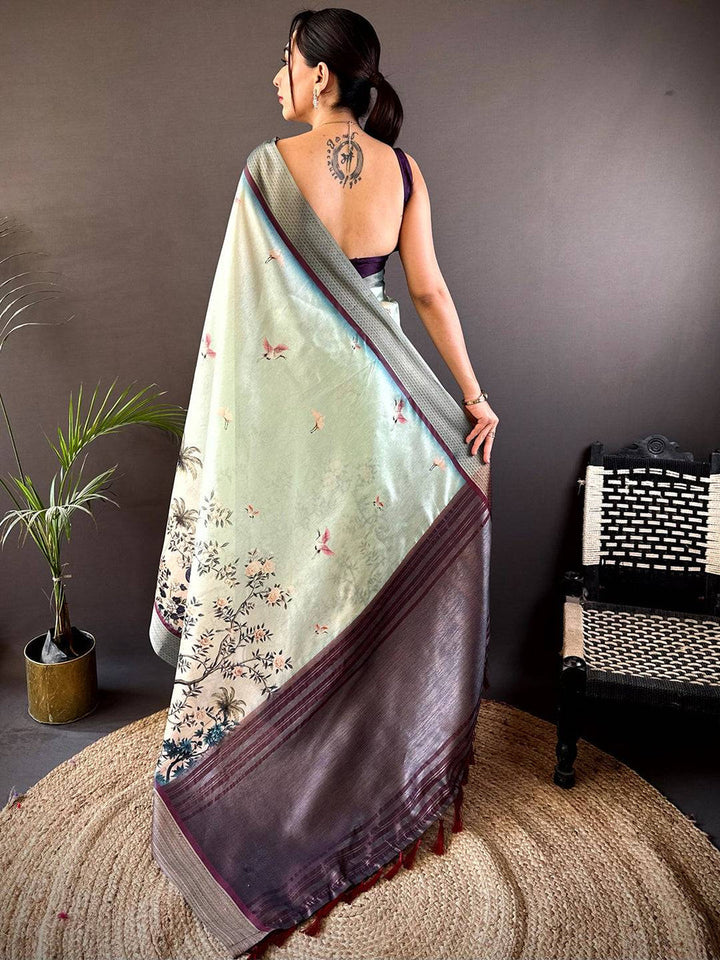 Mint Green Soft Silk Saree with Bird & Floral Digital Print, Contrast Maroon Border & Tassel Pallu