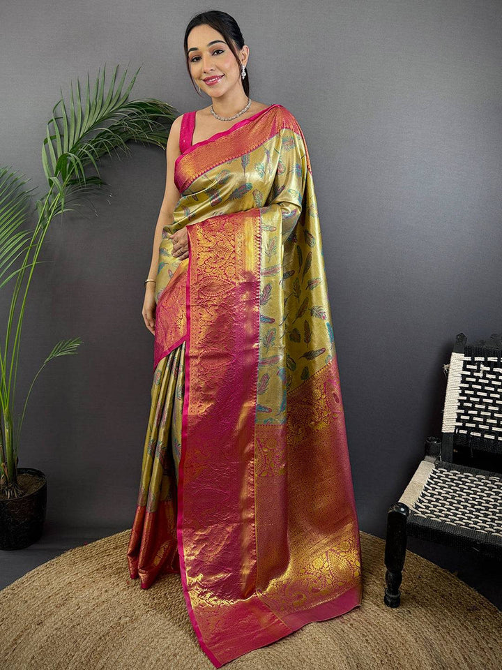 Gold & Pink Banarasi Soft Silk Saree with Rich Zari Weaving