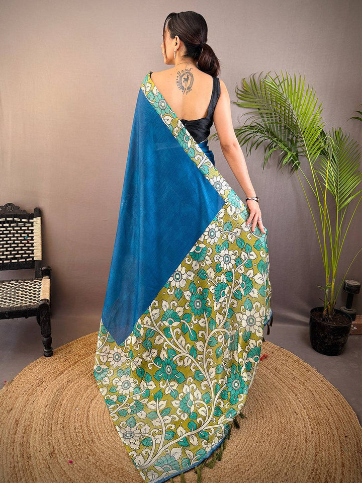 Mint Green Soft Silk Saree with Bird & Floral Digital Print, Contrast Maroon Border & Tassel Pallu