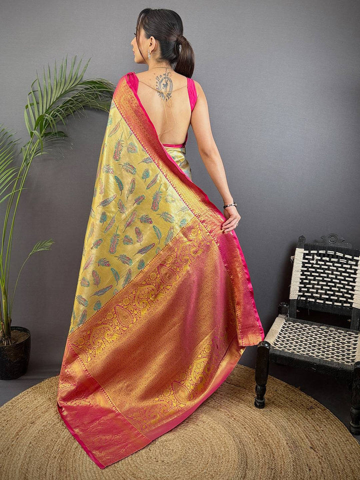 Gold & Pink Banarasi Soft Silk Saree with Rich Zari Weaving