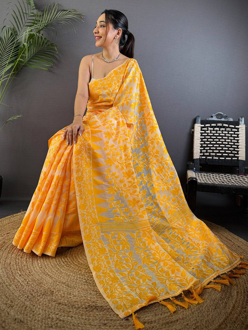 Yellow Floral Jacquard Soft Silk Saree with Elegant Woven Border