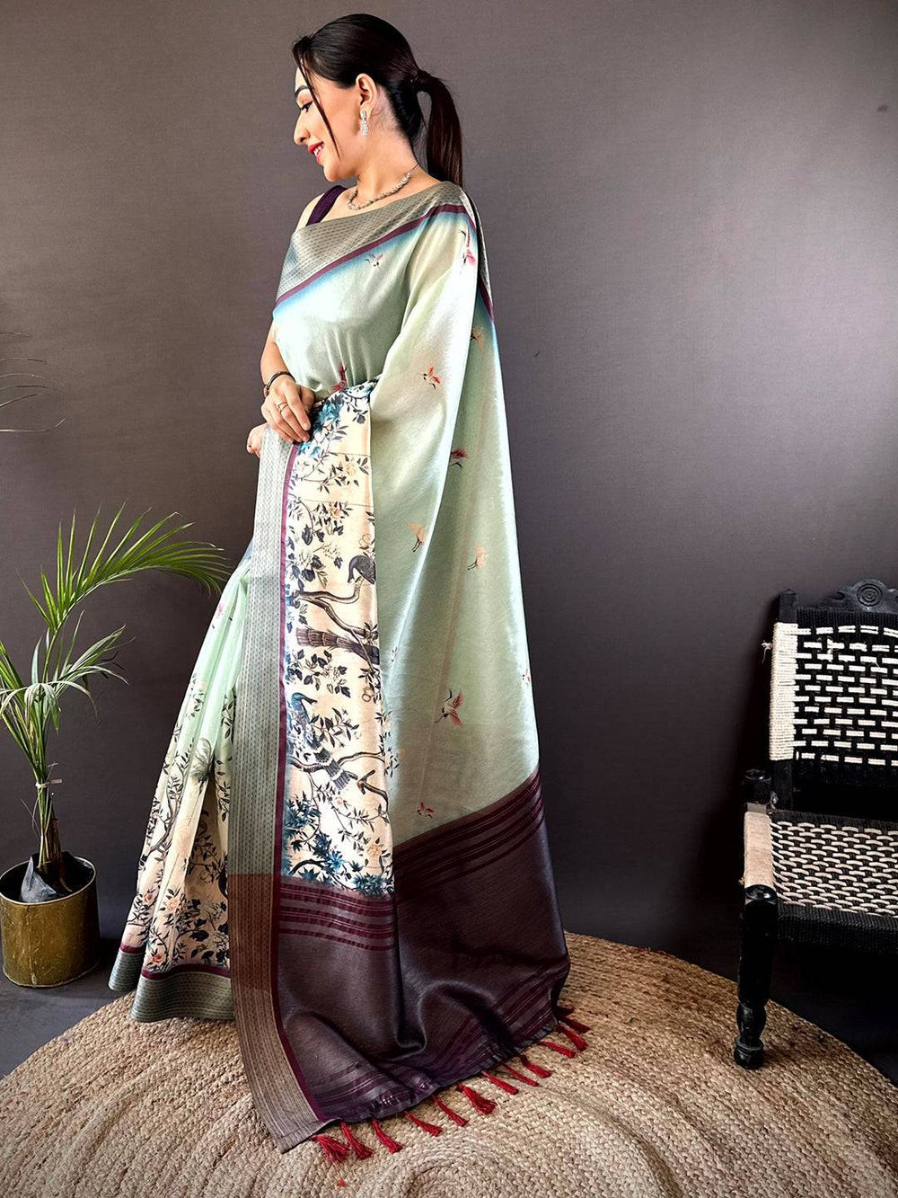 Mint Green Soft Silk Saree with Bird & Floral Digital Print, Contrast Maroon Border & Tassel Pallu