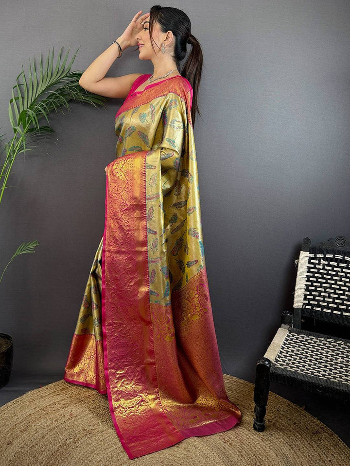 Gold & Pink Banarasi Soft Silk Saree with Rich Zari Weaving