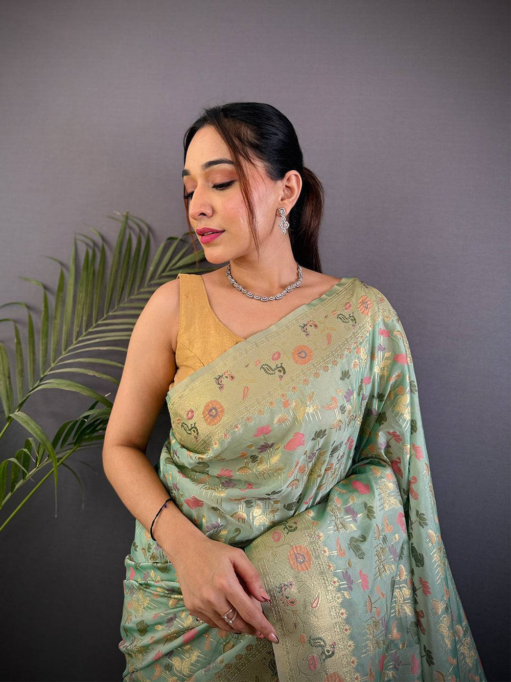 Pastel Green Banarasi Soft Silk Saree with Gold Zari Weaving