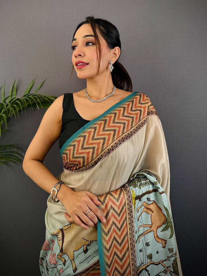 Mint Green Soft Silk Saree with Bird & Floral Digital Print, Contrast Maroon Border & Tassel Pallu