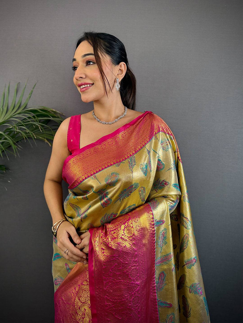 Gold & Pink Banarasi Soft Silk Saree with Rich Zari Weaving
