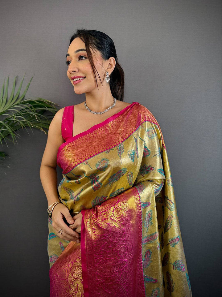 Gold & Pink Banarasi Soft Silk Saree with Rich Zari Weaving