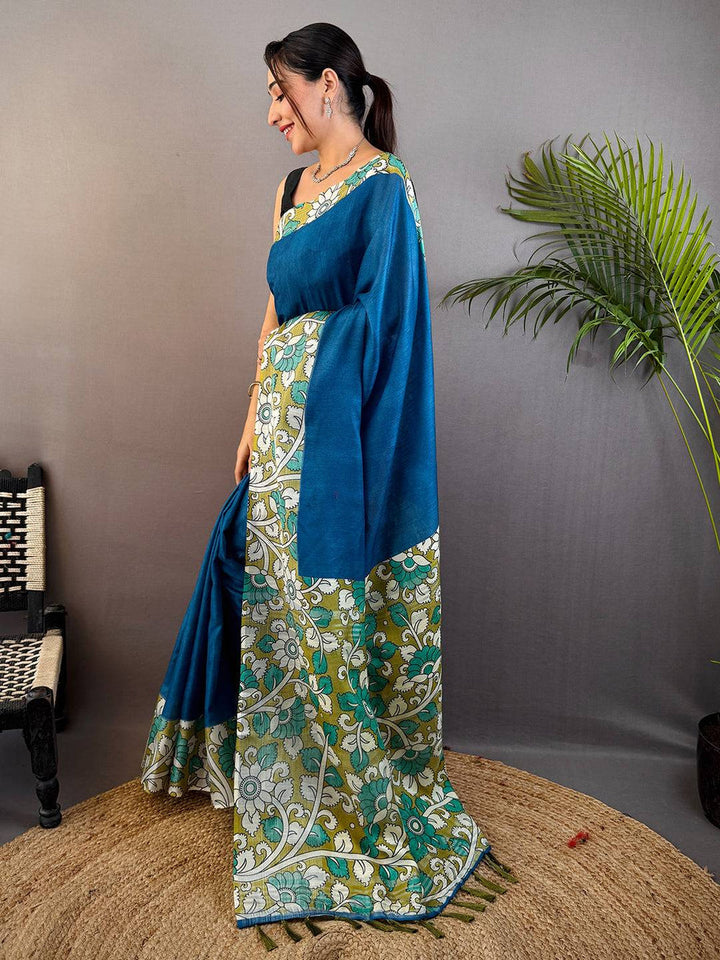Mint Green Soft Silk Saree with Bird & Floral Digital Print, Contrast Maroon Border & Tassel Pallu