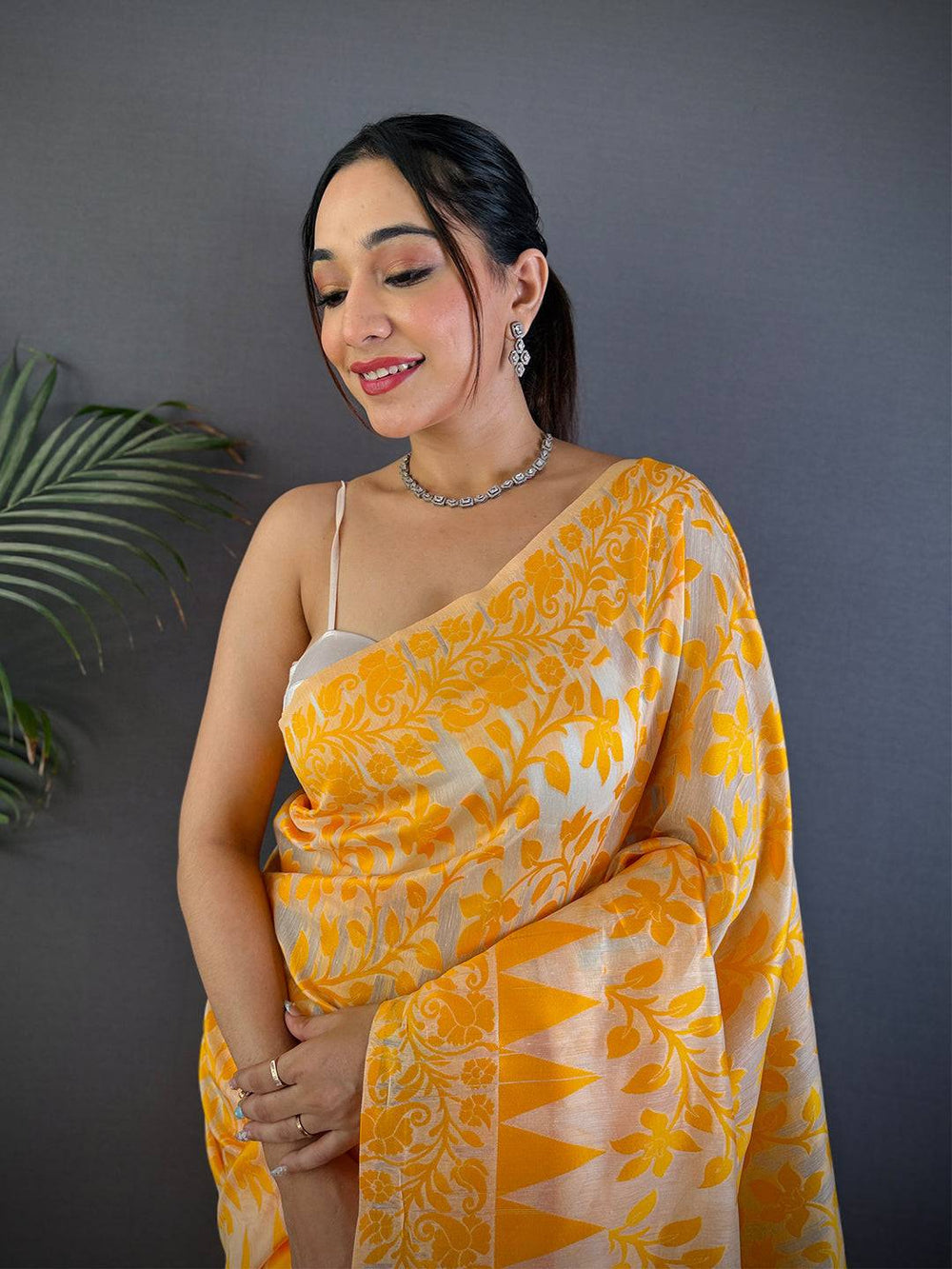 Yellow Floral Jacquard Soft Silk Saree with Elegant Woven Border