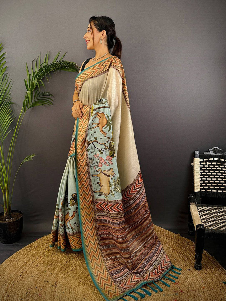 Mint Green Soft Silk Saree with Bird & Floral Digital Print, Contrast Maroon Border & Tassel Pallu