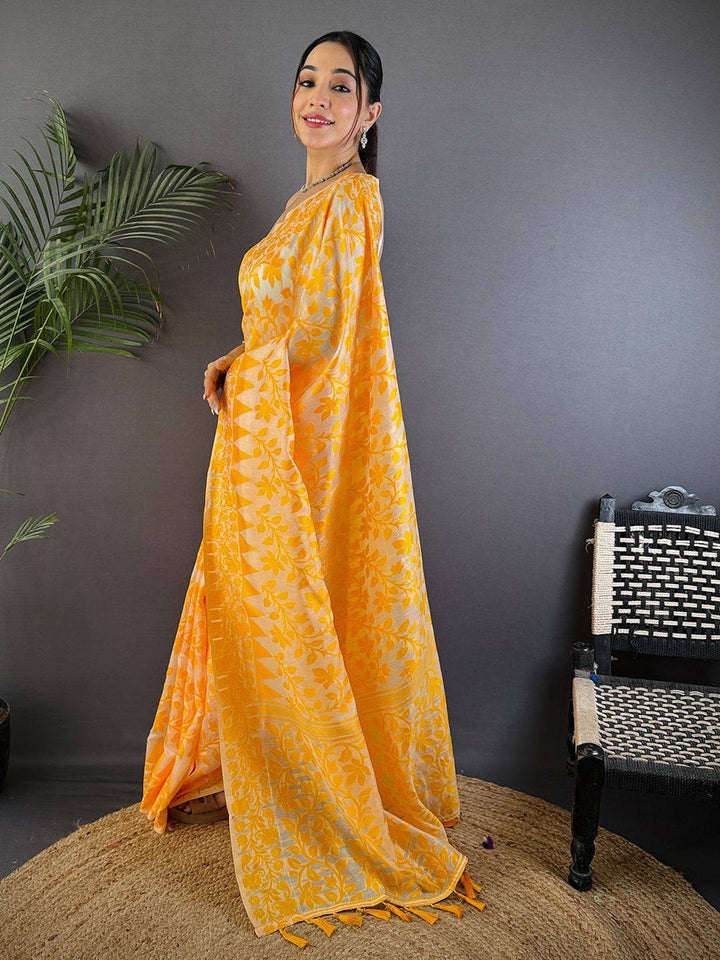 Yellow Floral Jacquard Soft Silk Saree with Elegant Woven Border