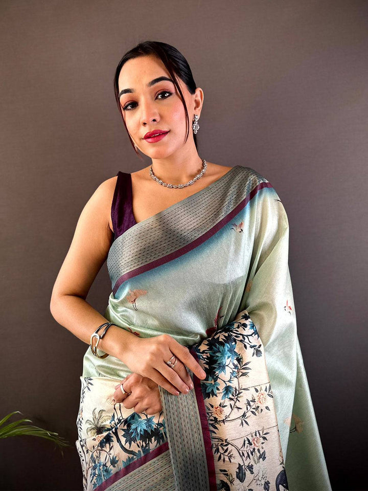 Mint Green Soft Silk Saree with Bird & Floral Digital Print, Contrast Maroon Border & Tassel Pallu