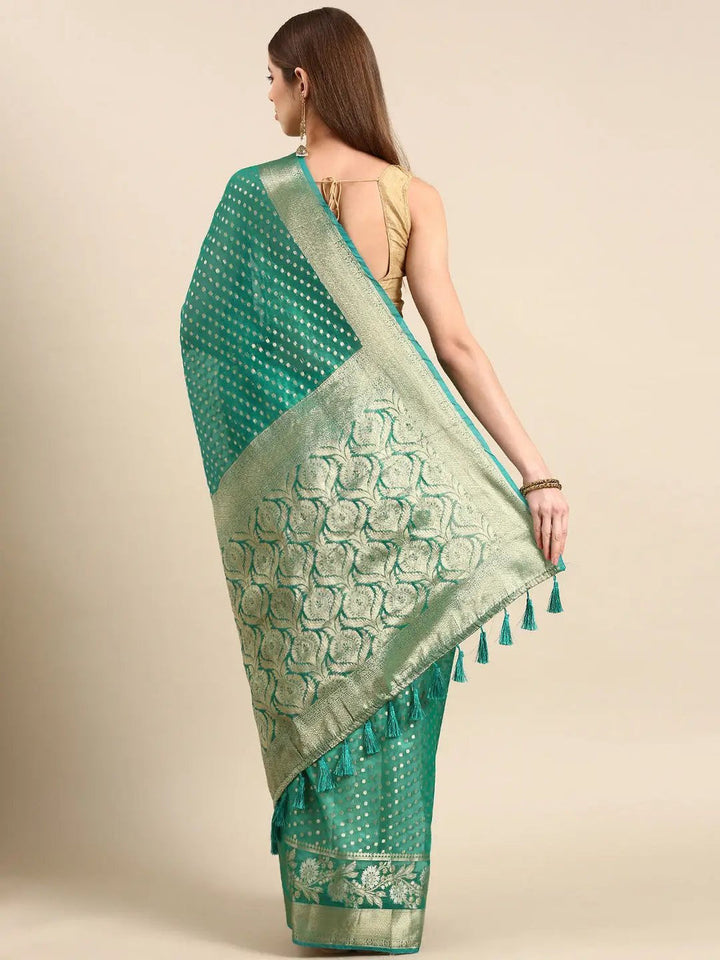 Teal Green Banarasi Silk Saree with Gold Zari Butta & Rich Floral Pallu