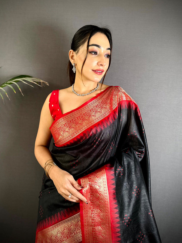 Black & Red Banarasi Silk Saree with Rich Golden Zari Border and Traditional Woven Pallu