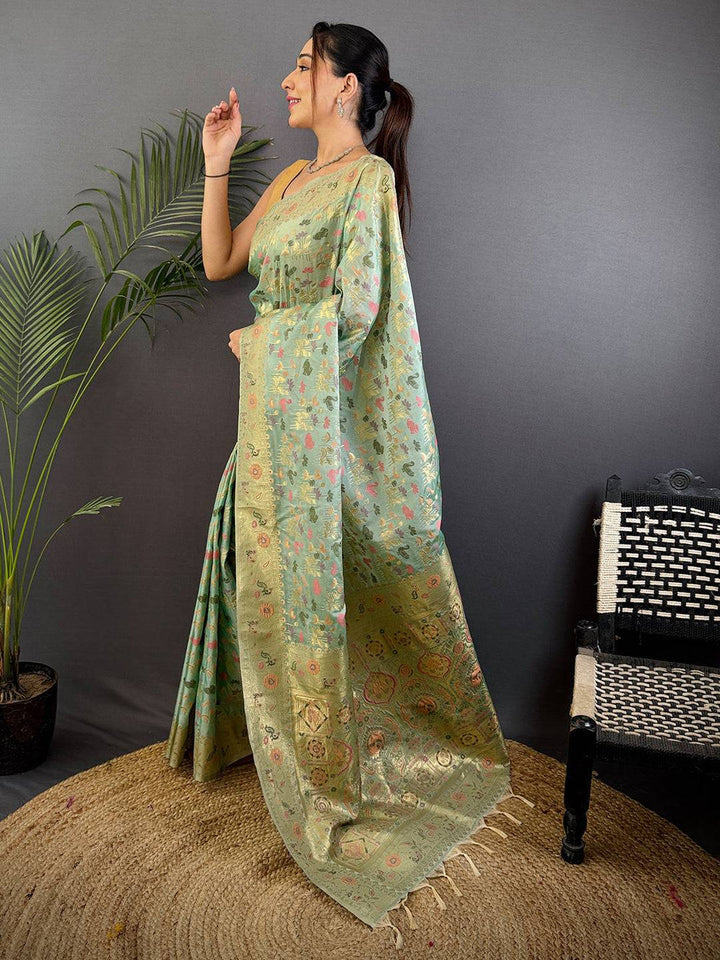 Pastel Green Banarasi Soft Silk Saree with Gold Zari Weaving