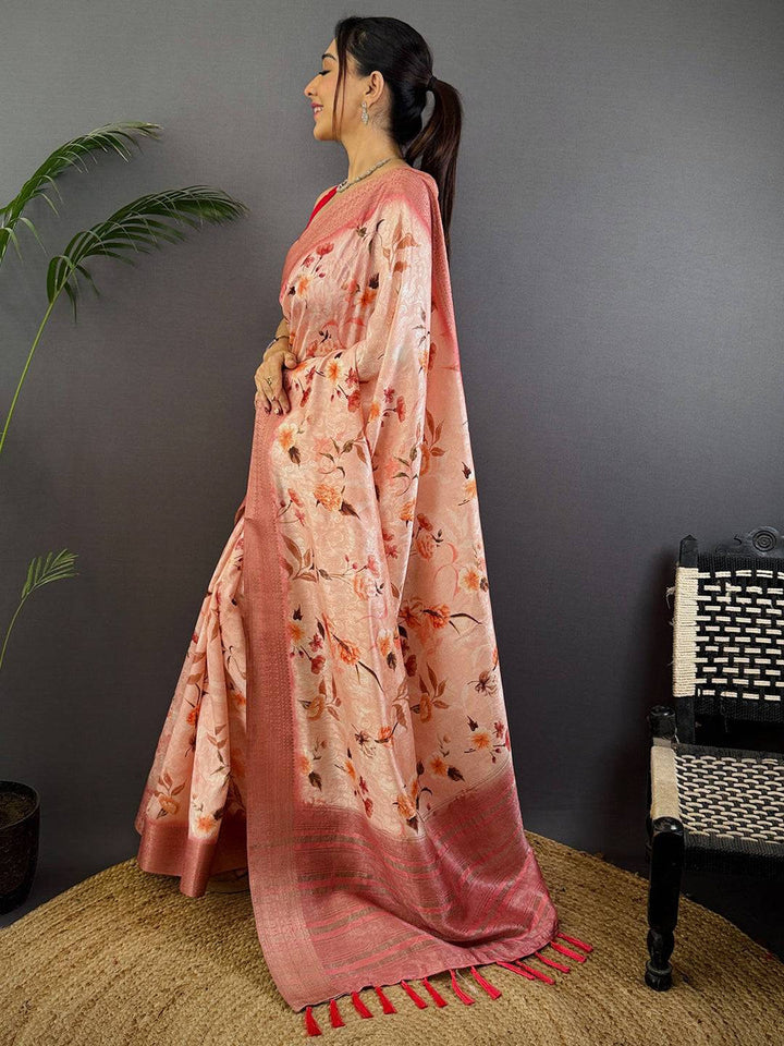 Peach Soft Silk Saree with Floral Digital Print & Rich Woven Zari Border