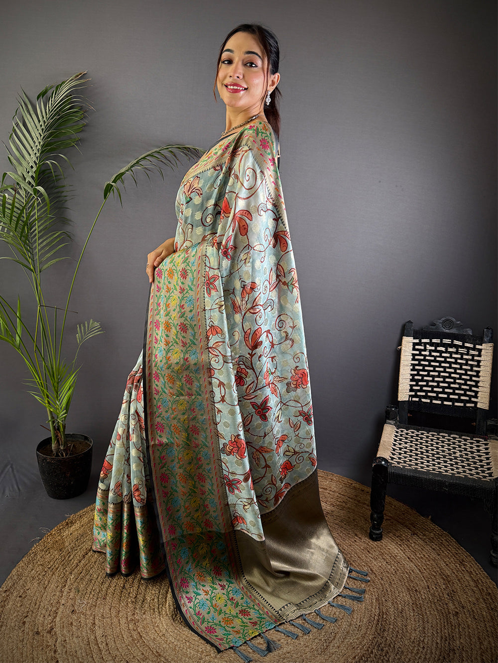 Pastel Blue Floral Soft Silk Saree with Antique Zari Border