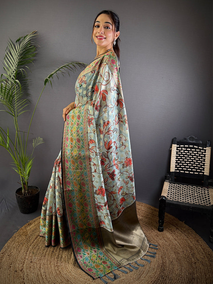 Pastel Blue Floral Soft Silk Saree with Antique Zari Border