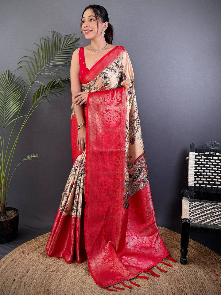 Teal Blue Soft Silk Saree with Floral Digital Print & Rich Zari Weaving