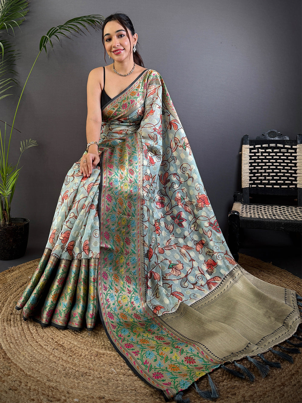Pastel Blue Floral Soft Silk Saree with Antique Zari Border