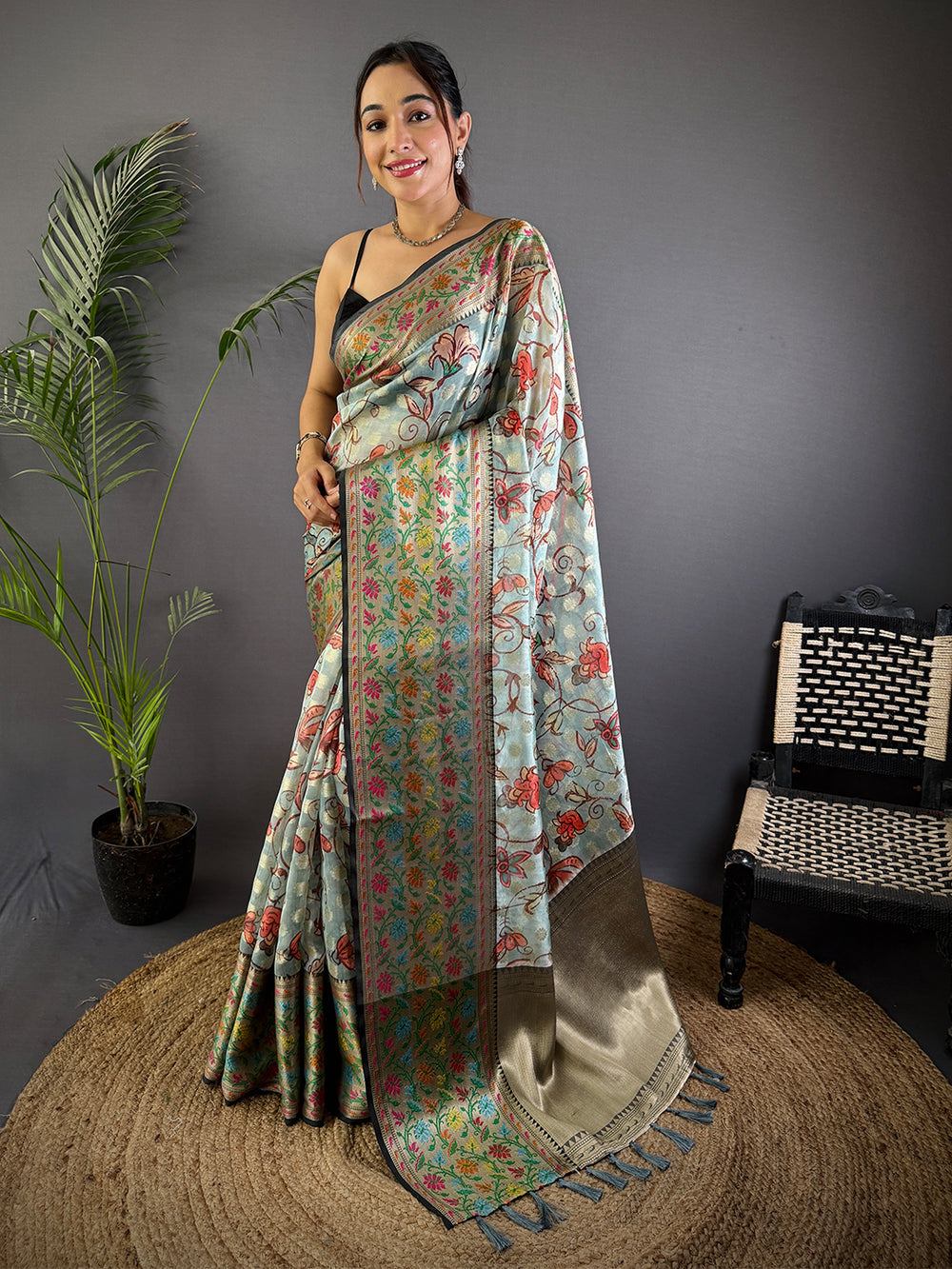 Pastel Blue Floral Soft Silk Saree with Antique Zari Border