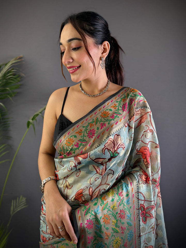 Pastel Blue Floral Soft Silk Saree with Antique Zari Border