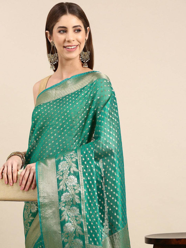 Teal Green Banarasi Silk Saree with Gold Zari Butta & Rich Floral Pallu