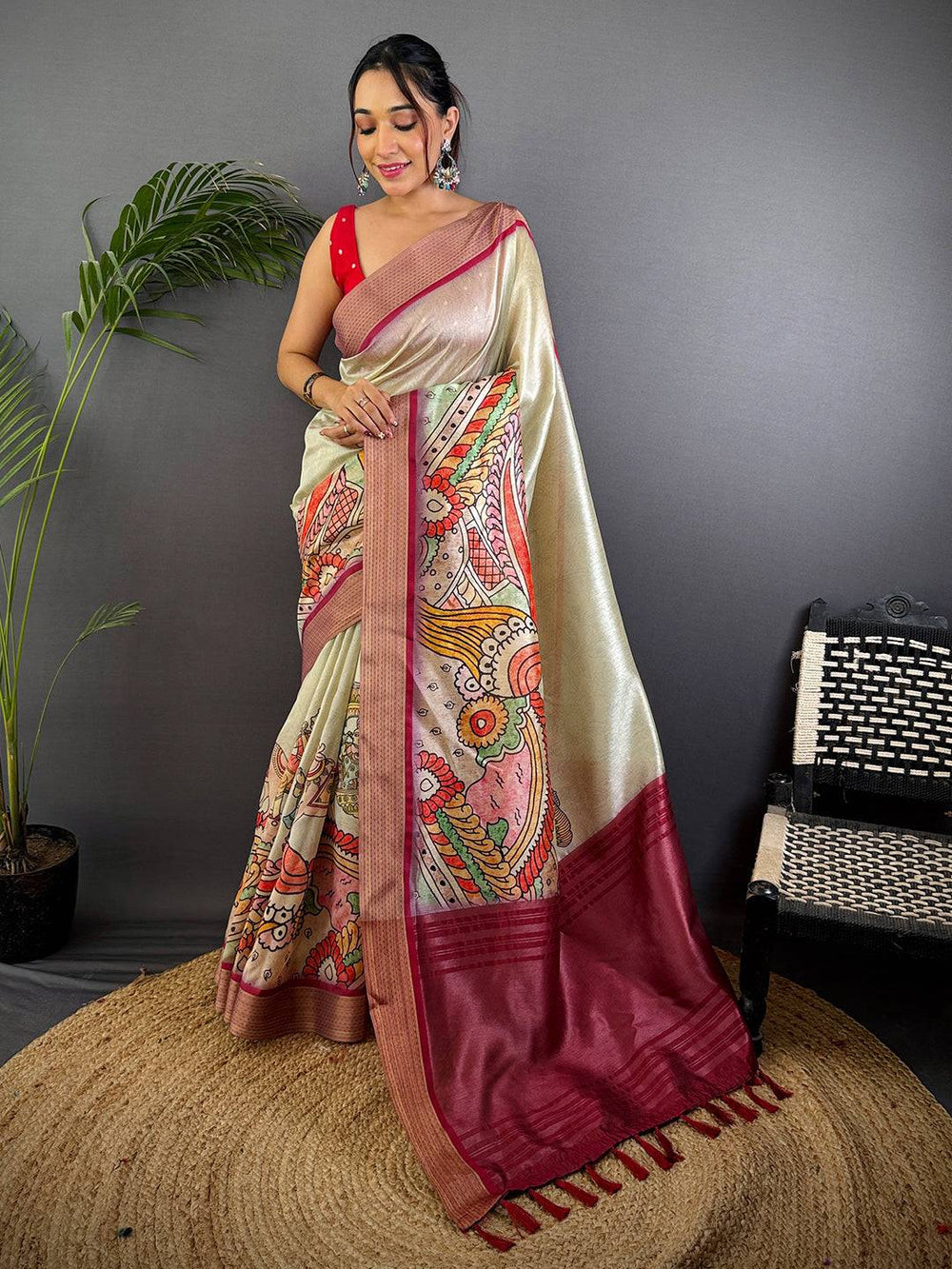 Cream Linen Silk Saree with Artistic Kalamkari Print & Maroon Border