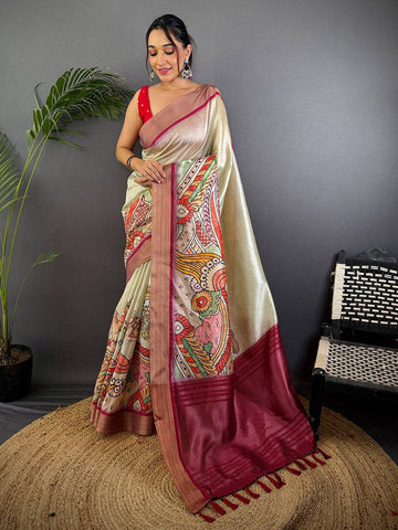 Cream Linen Silk Saree with Artistic Kalamkari Print & Maroon Border