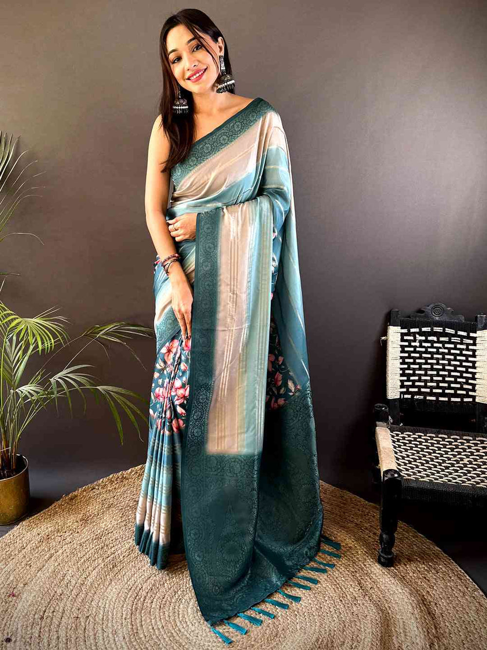 Teal & Beige Printed Silk Saree with Floral Design and Rich Woven Pallu