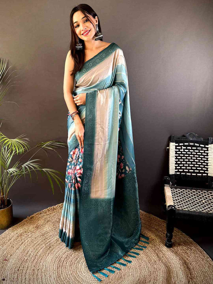 Teal & Beige Printed Silk Saree with Floral Design and Rich Woven Pallu