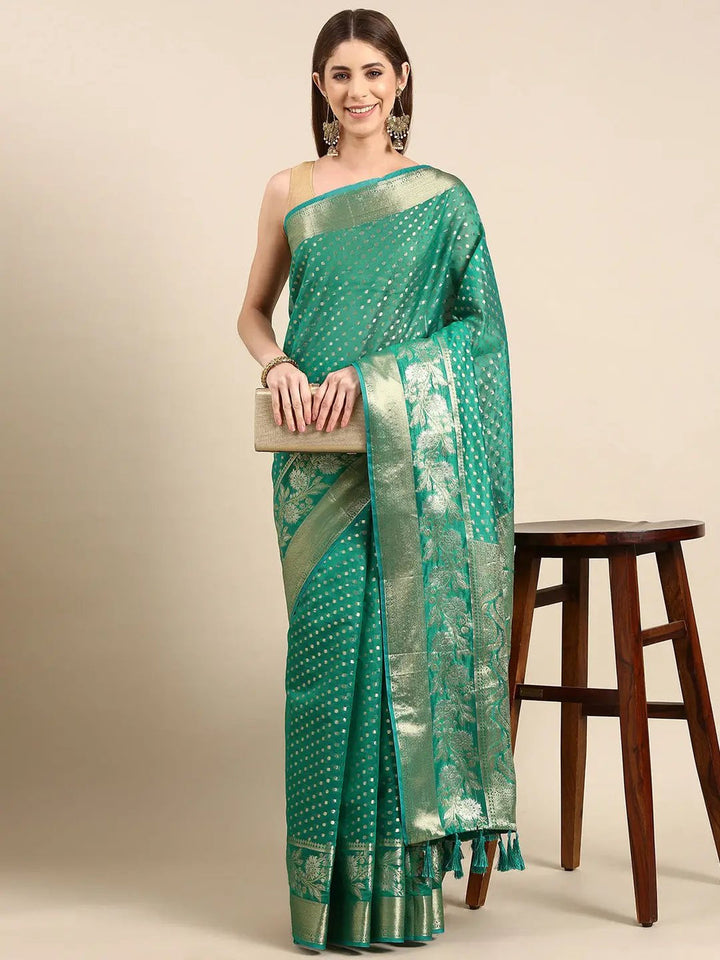 Teal Green Banarasi Silk Saree with Gold Zari Butta & Rich Floral Pallu
