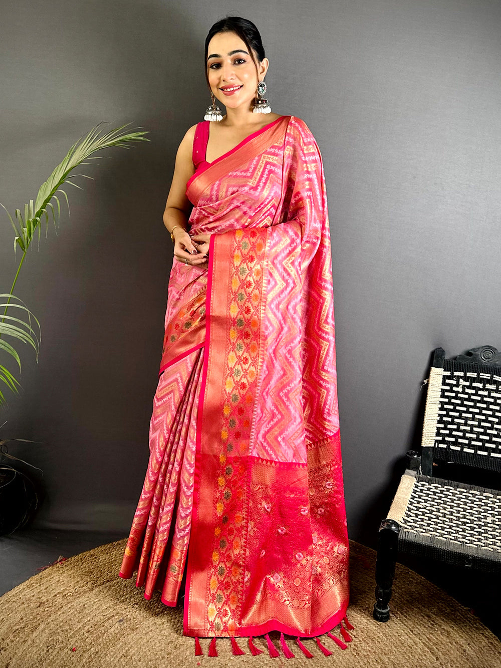 Pink Ikat Design Soft Silk Saree with Rich Red Zari Border